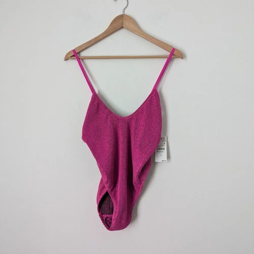 NWT Good American Fuchsia hot pink metallic scrunch Always Fits scoop one piece